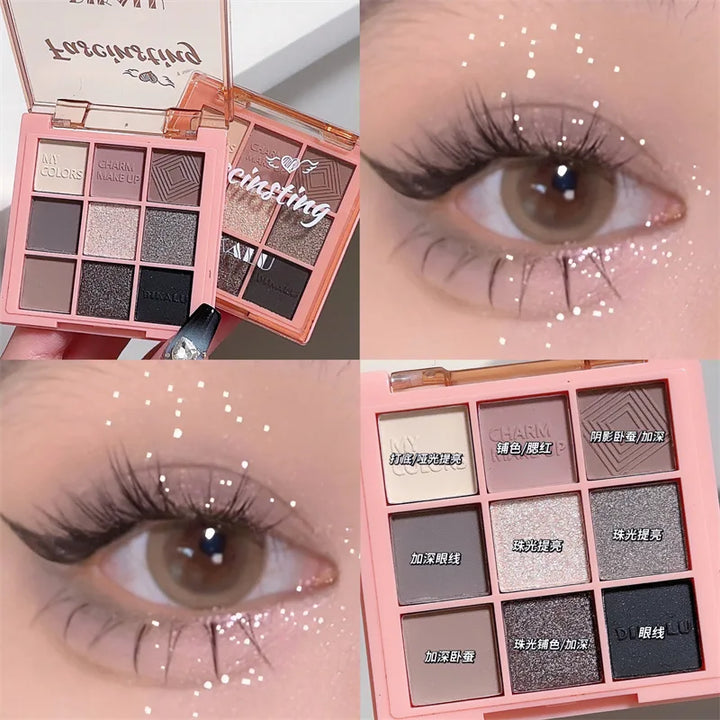 Rynx | Smoky Glitter Matte Eyeshadow Palette 9 Colors Pearl Grey Black Hue Shimmer Eyeshadow Makeup Pigments Palette Cosmetics