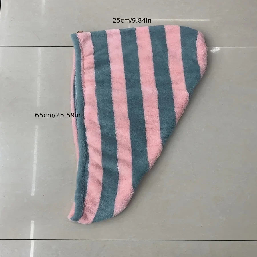 Rynx | Two-tone striped coral fleece hair dryer cap water-absorbent shower cap quick-drying hair towel bathroom supplies
