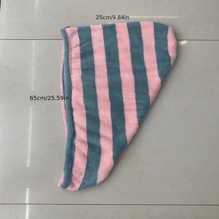 Rynx | Two-tone striped coral fleece hair dryer cap water-absorbent shower cap quick-drying hair towel bathroom supplies