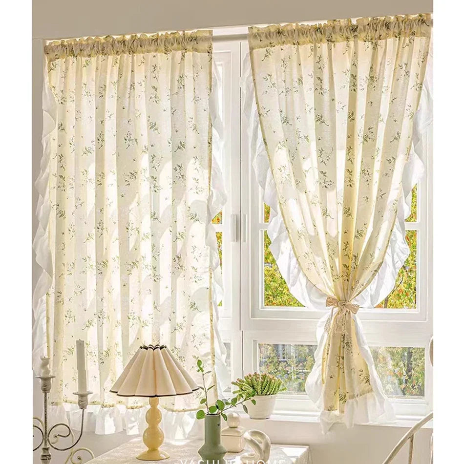 Rynx Korean Ruffle Daisy Curtains Street Bags Shadow Curtain Floral for Kitchen Bedroom Living Room Bay Window Closet Curtain