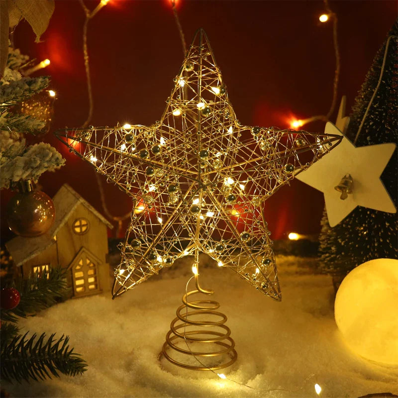 Rynx LED Light Christmas Tree Star with Beaded Wire Gold Iron Christmas Tree Ornament 2025 New Year Living Room Table Decoration Accessories