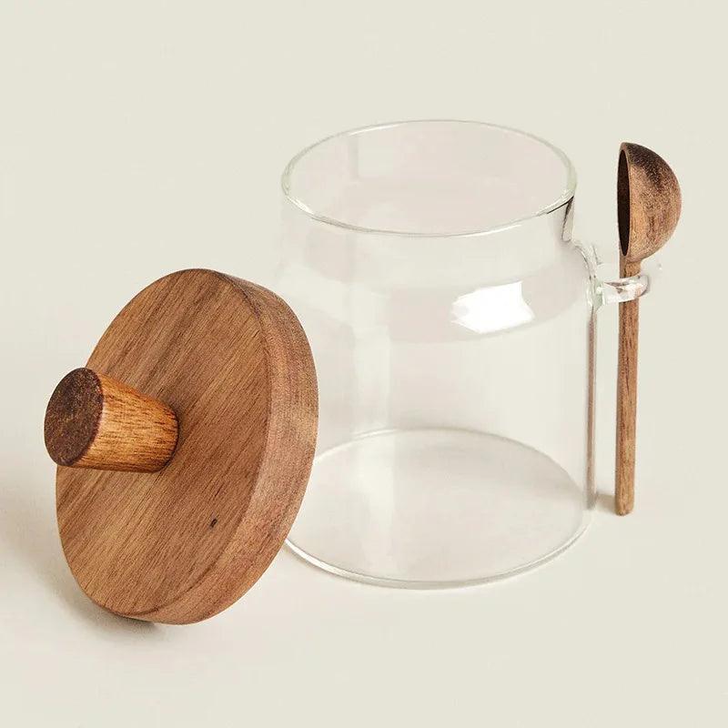 Lisslune | Elegant glass storage jar with acacia wood lid and spoon for coffee and spices