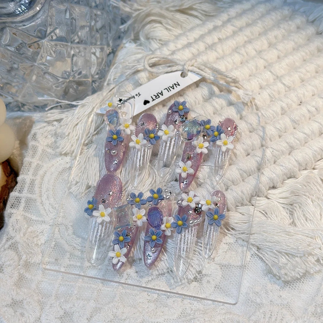 Rynx | 10 Pieces Handmade Press on Nails with Blue White Flowers Decoration Artificial Nails Portable Full Coverage Glossy French Cat Eye Press on Nails