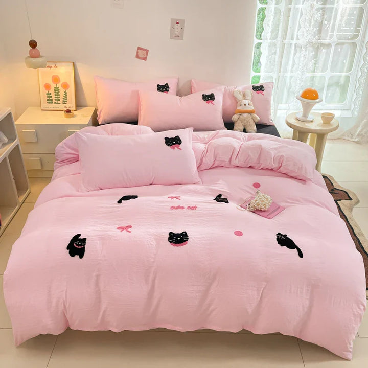 Rynx | Korean Style Pink Bedding Set Black Cat Embroidery Washed Cotton Duvet Cover Cute Cartoon Bedding Comforter Sets