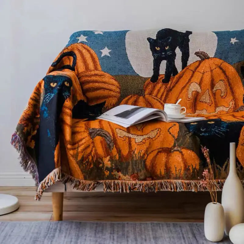Rynx | Textile City Halloween Pumpkin Cat Tassel Throw Blanket Retro In Style Luxury Home Decor Soft Cover Thick Picnic Mat