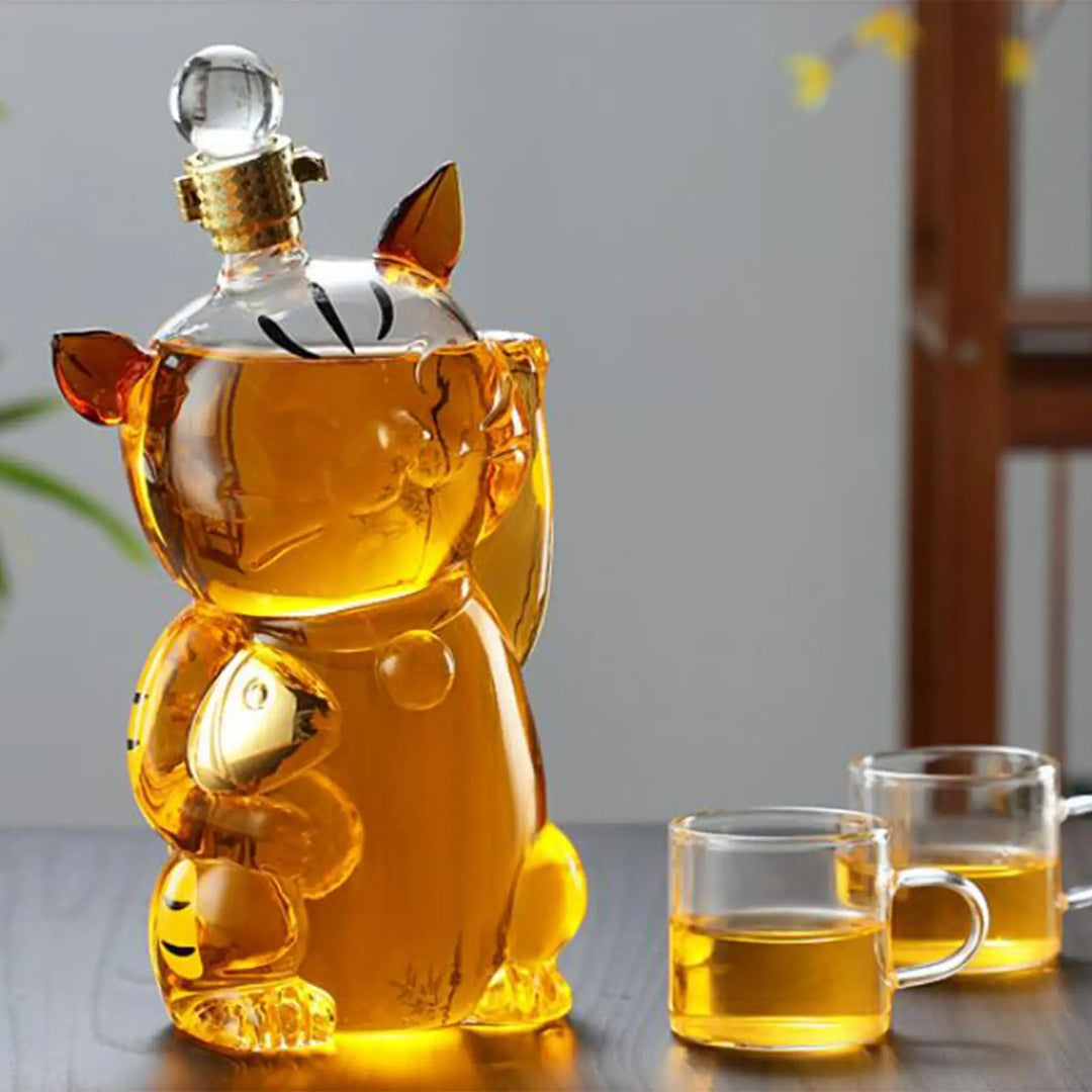 Lisslune | Cat Shaped Glass Decanter Glass Holder with Stopper Bottle Drinkware Dispenser Carafe 1000ml for Dining Party Decoration Gift