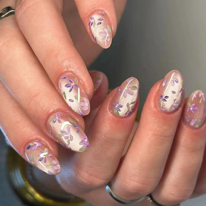 Rynx | 24 Pieces Purple Cat Eye Press-on Almond Nails with Delicate Floral Patterns Romantic False Fingernails for Women & Girls Elegance Wear
