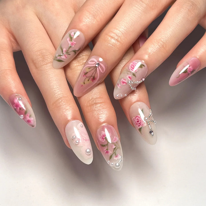 Rynx | Pink Rose Cherry Blossom Bow Hand-painted Pearl Rhinestone Artificial Nails Removable Ready-made Artificial Nails Press-on Nails with Glue