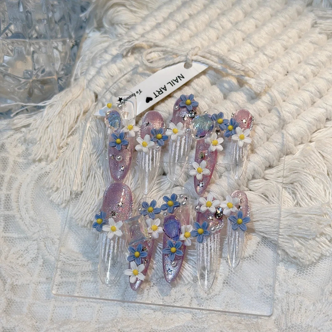 Rynx | 10 Pieces Handmade Press on Nails with Blue White Flowers Decoration Artificial Nails Portable Full Coverage Glossy French Cat Eye Press on Nails