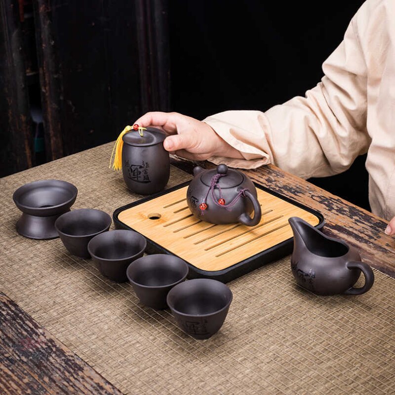 Lisslune | 9-piece Set Teawere Retro Designer Cool Purple Sand Ceramic Teapot Set Travel Kong Fu Tea Set Porcelain Purple Sand Pot Tea Strainer