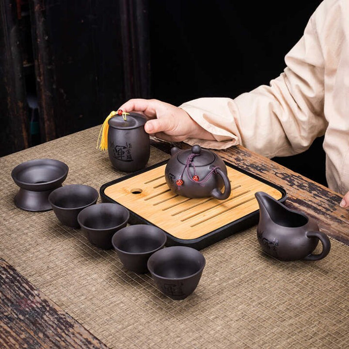 Lisslune | 9-piece Set Teawere Retro Designer Cool Purple Sand Ceramic Teapot Set Travel Kong Fu Tea Set Porcelain Purple Sand Pot Tea Strainer