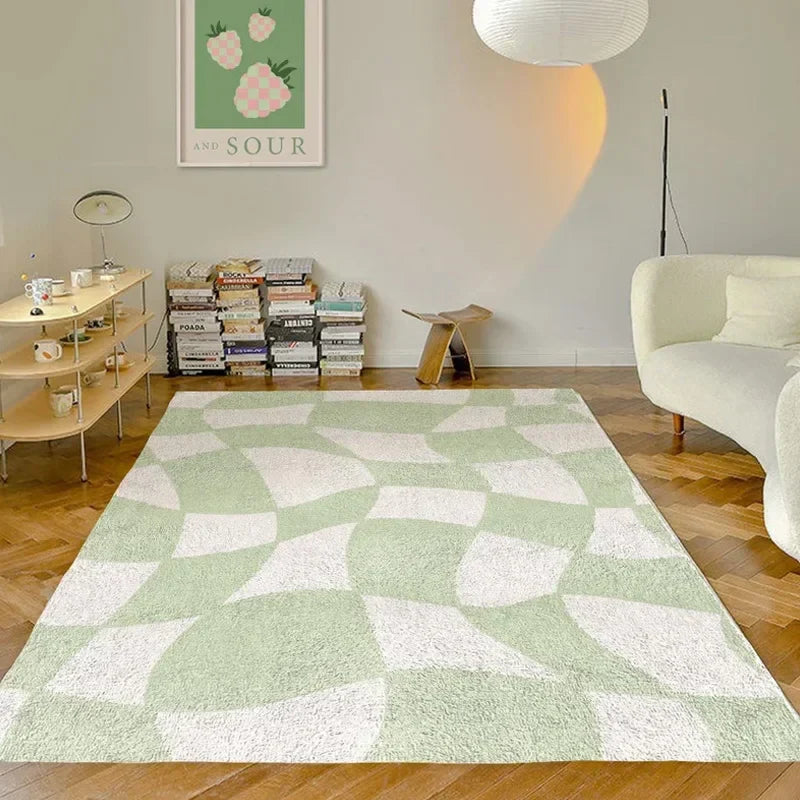Rynx | Grass Green Living Room Large Area Rug Geometric Bedroom Rugs Modern Minimalist Rug Abstract Plaid Mat Soft Velvet Rugs