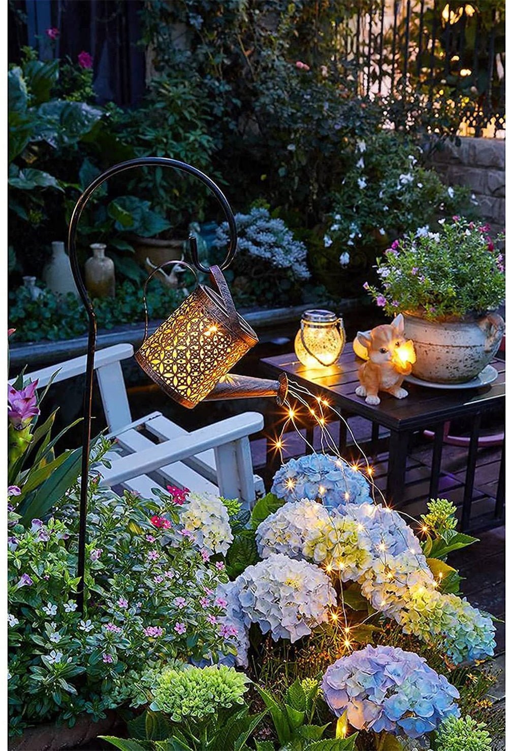 Lisslune | Hanging Solar Garden Watering Can with Waterfall String Lights & Stand