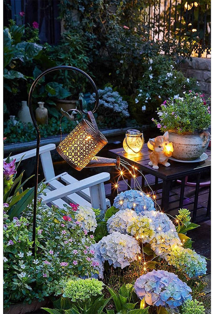 Lisslune | Hanging Solar Garden Watering Can with Waterfall String Lights & Stand