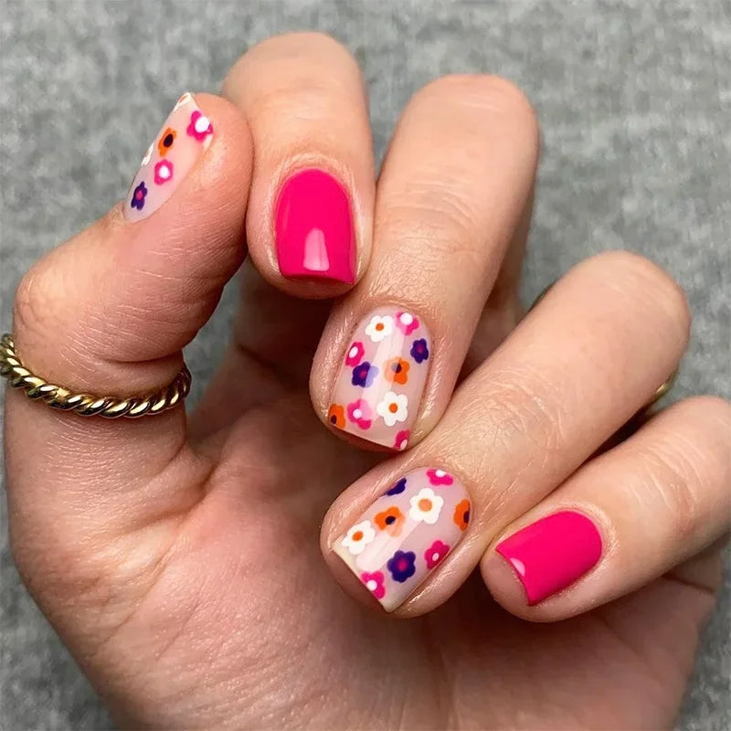 Rynx | 24 Piece Square Press-on Nails Set with Pink Flower Patterns Full Coverage Acrylic Nail Tips Glue for Stylish Women/Girls