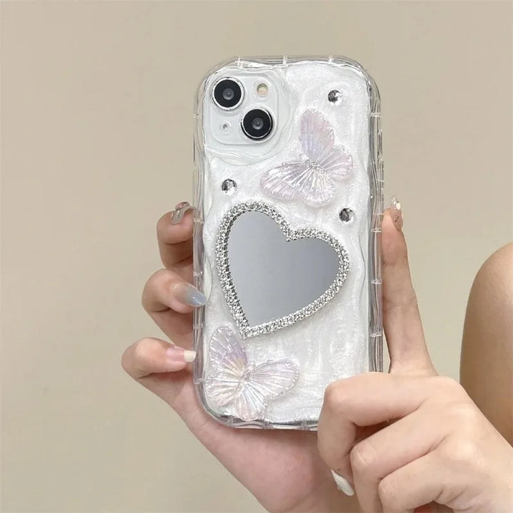 Lisslune | INS 3D Bling Glitter Schmetterling Liebe Herz Makeup Spiegel Handyhülle Für iPhone 13 14 15 16 Pro Max 12 Pro 11 XR XS Silikon Hülle