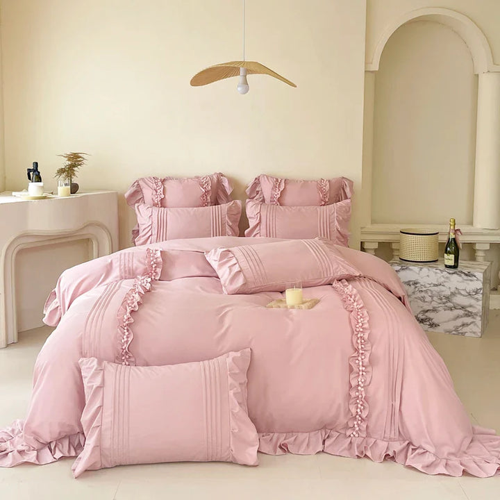 Rynx | Korean Princess Style Lace Ruffle Bedding Set Solid Color Duvet Cover Set Flat/Fitted Sheet Pillowcases with Pillow Covers
