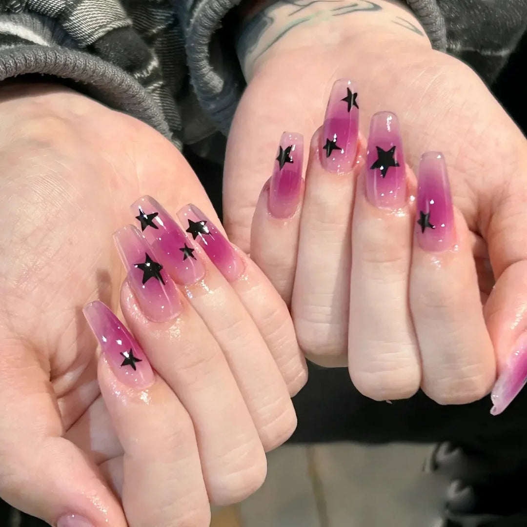 Rynx | Shiny Rhinestone White Stars French Nail Art Fashion Simple False Nails Removable Ready Artificial Nails Glue Nails with Glue