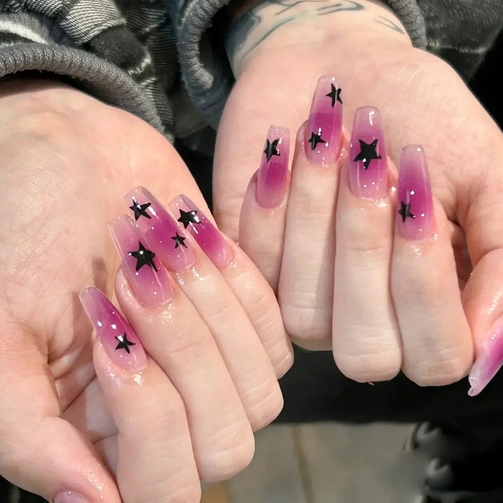 Rynx | Shiny Rhinestone White Stars French Nail Art Fashion Simple False Nails Removable Ready Artificial Nails Glue Nails with Glue