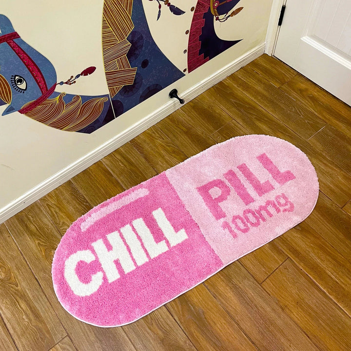 Rynx | Pink and Blue Chill Pill Flocking Rug Oval Tufted Rug Bath Mat Door Mat Home Decor Rug Camping Mat Waterproof Non-Slip