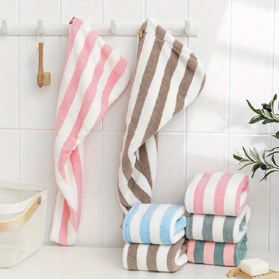 Rynx | Two-tone striped coral fleece hair dryer cap water-absorbent shower cap quick-drying hair towel bathroom supplies