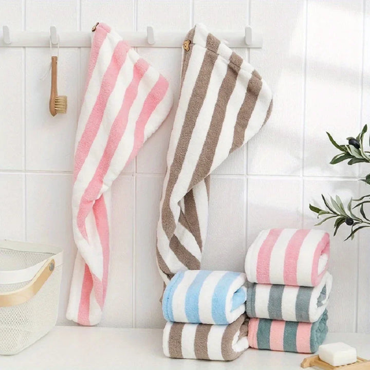 Rynx | Two-tone striped coral fleece hair dryer cap water-absorbent shower cap quick-drying hair towel bathroom supplies