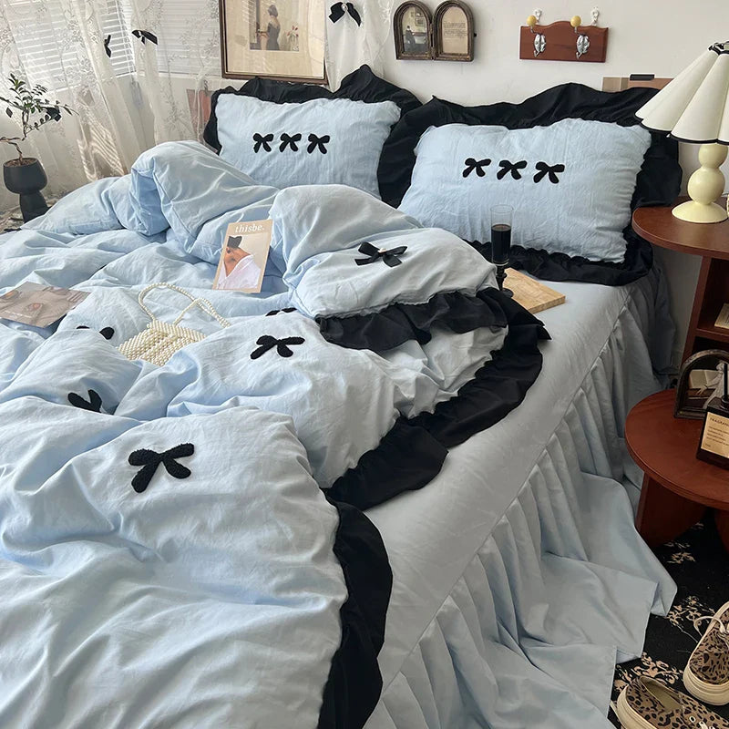 Rynx | Korean princess style Kawaii girls black bow bedding set skin-friendly soft duvet cover set bed sheets or bed skirt pillowcases