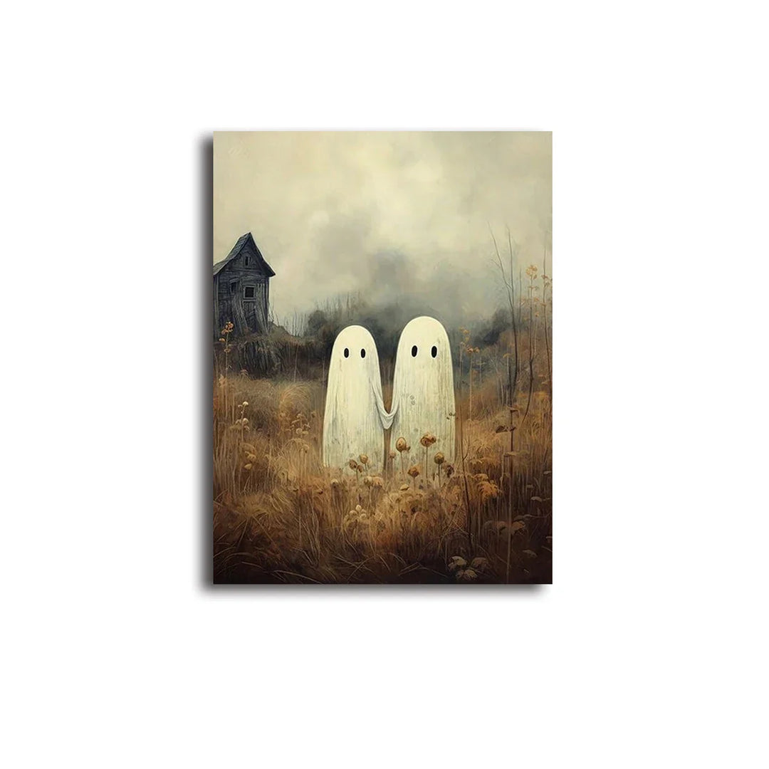 Rynx | Retro Sweet Ghost Companion & Reads Book Canvas Prints Monster Holds Black Cat Wall Art Poster for Living Room Halloween Decor