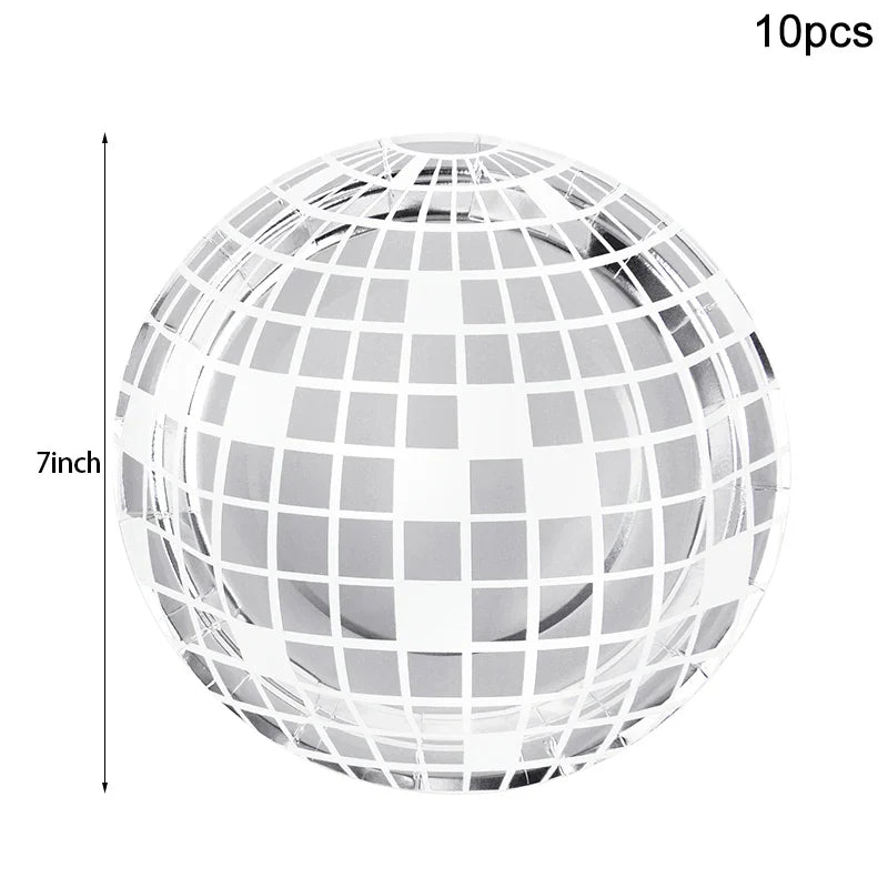 Rynx Disco Theme Party Disposable Tableware Set Silver Disco Ball Plates Napkins Cups 70s Birthday Party Decoration Wedding Supplies