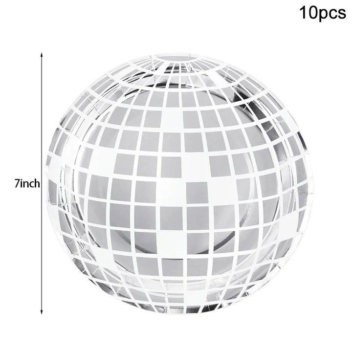 Rynx Disco Theme Party Disposable Tableware Set Silver Disco Ball Plates Napkins Cups 70s Birthday Party Decoration Wedding Supplies