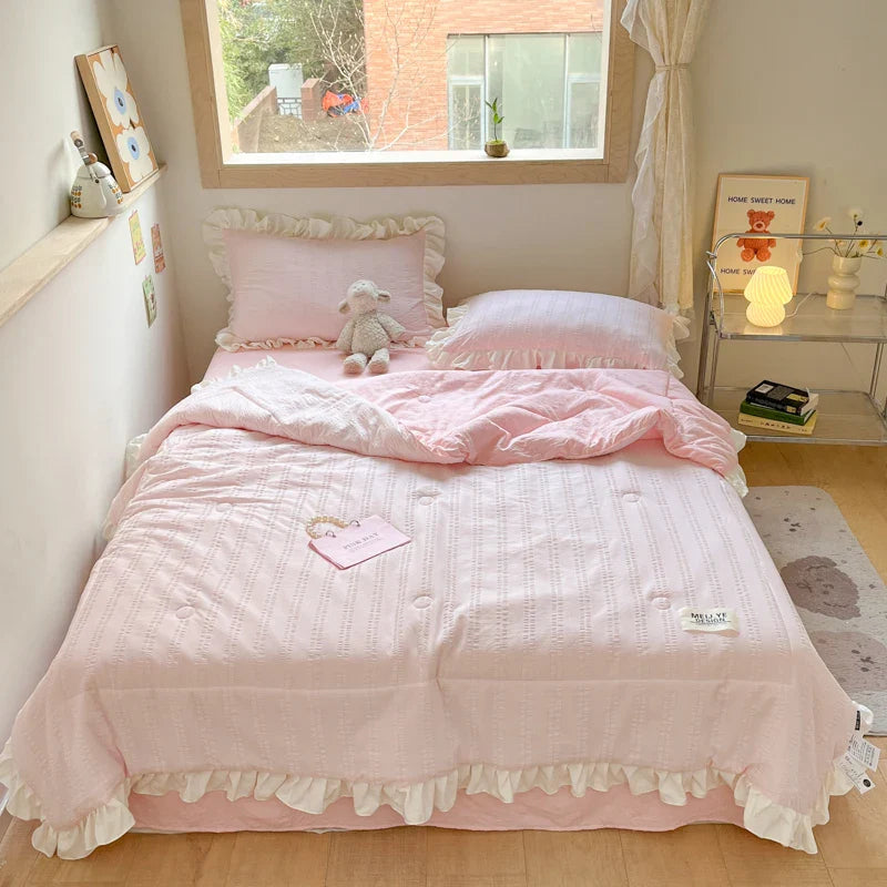 Rynx | Korean Princess Style Summer Cool Quilt Comforter Soft Seersucker Lace Ruffle Summer Thin Quilt Blanket Machine Washable