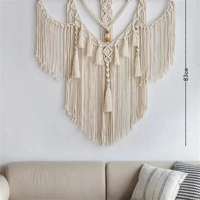 Rynx | Handmade Macrema Wallpaper Wall Tapestry Bohemia Tassel Curtain Wallpaper with Wooden Rod Art Decoration