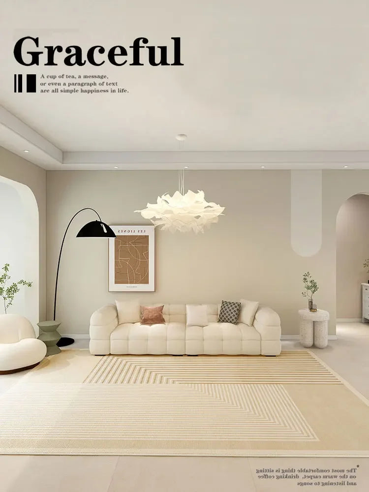 Rynx | Minimalist Beige Art Stripe Carpet Comfortable Luxury Bedroom Rugs Soft Large Area Living Room Carpet Abstract Lines Balcony Rugs