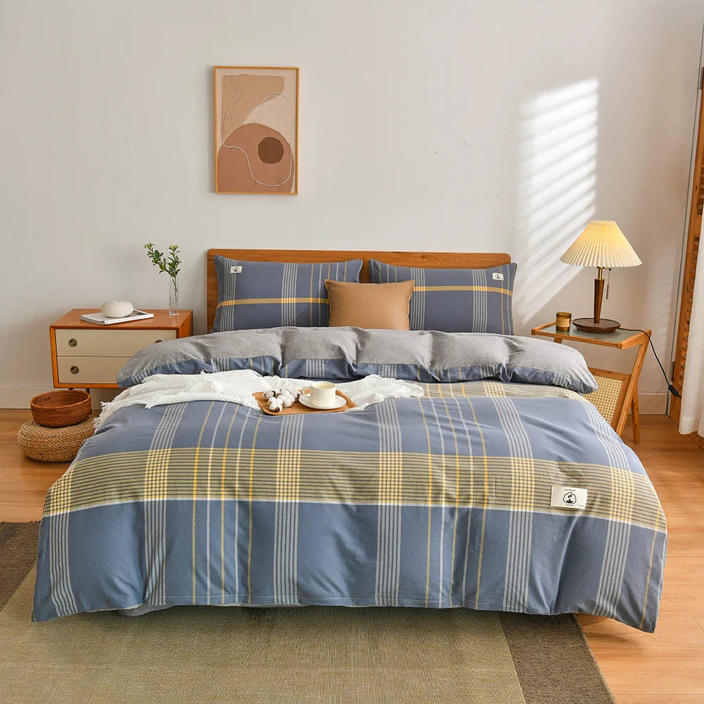 Rynx | 100% Cotton Duvet Cover Set with Pillowcase Japanese Style Grid Duvet Cover 220x240 Duvet Cover Set King Size