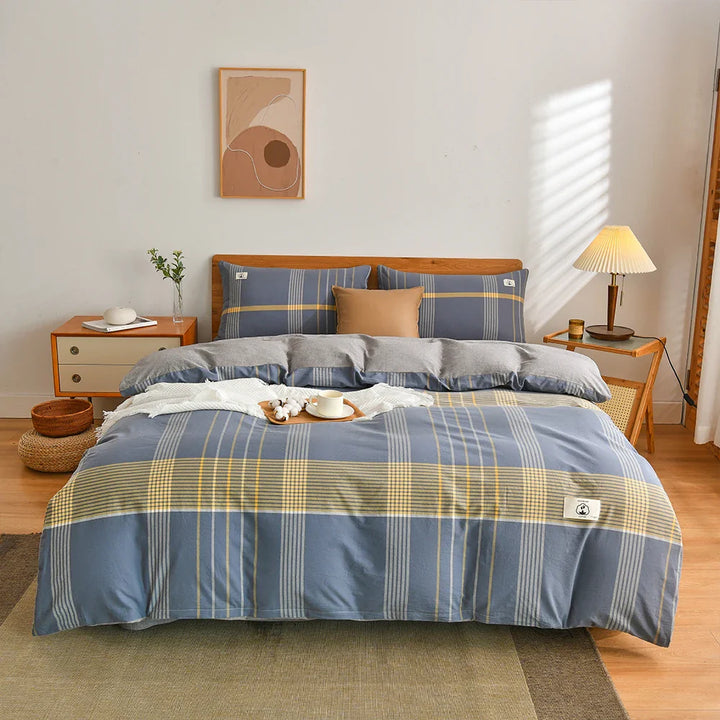 Rynx | 100% Cotton Duvet Cover Set with Pillowcase Japanese Style Grid Duvet Cover 220x240 Duvet Cover Set King Size