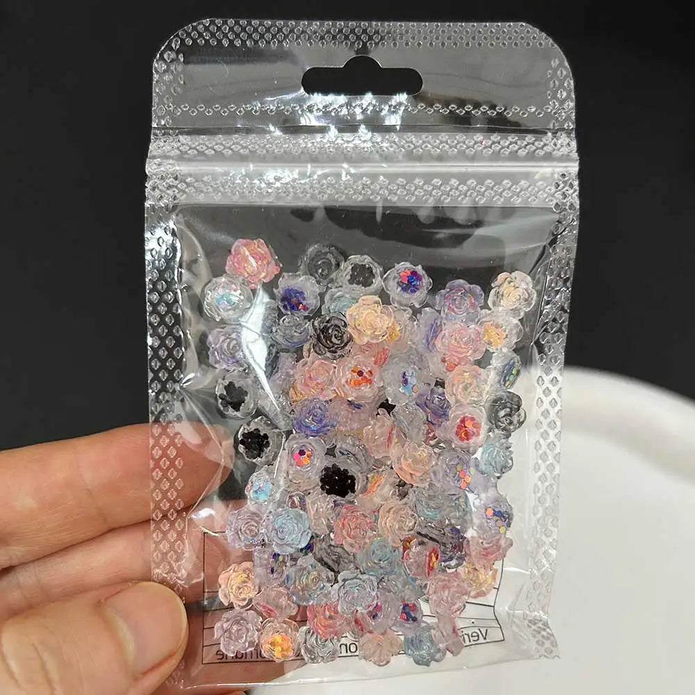 Rynx | 100 pcs. Light purple glitter camellia rose nail art charms 7.5/6mm flat back resin nail decoration sweet flowers nail supplies