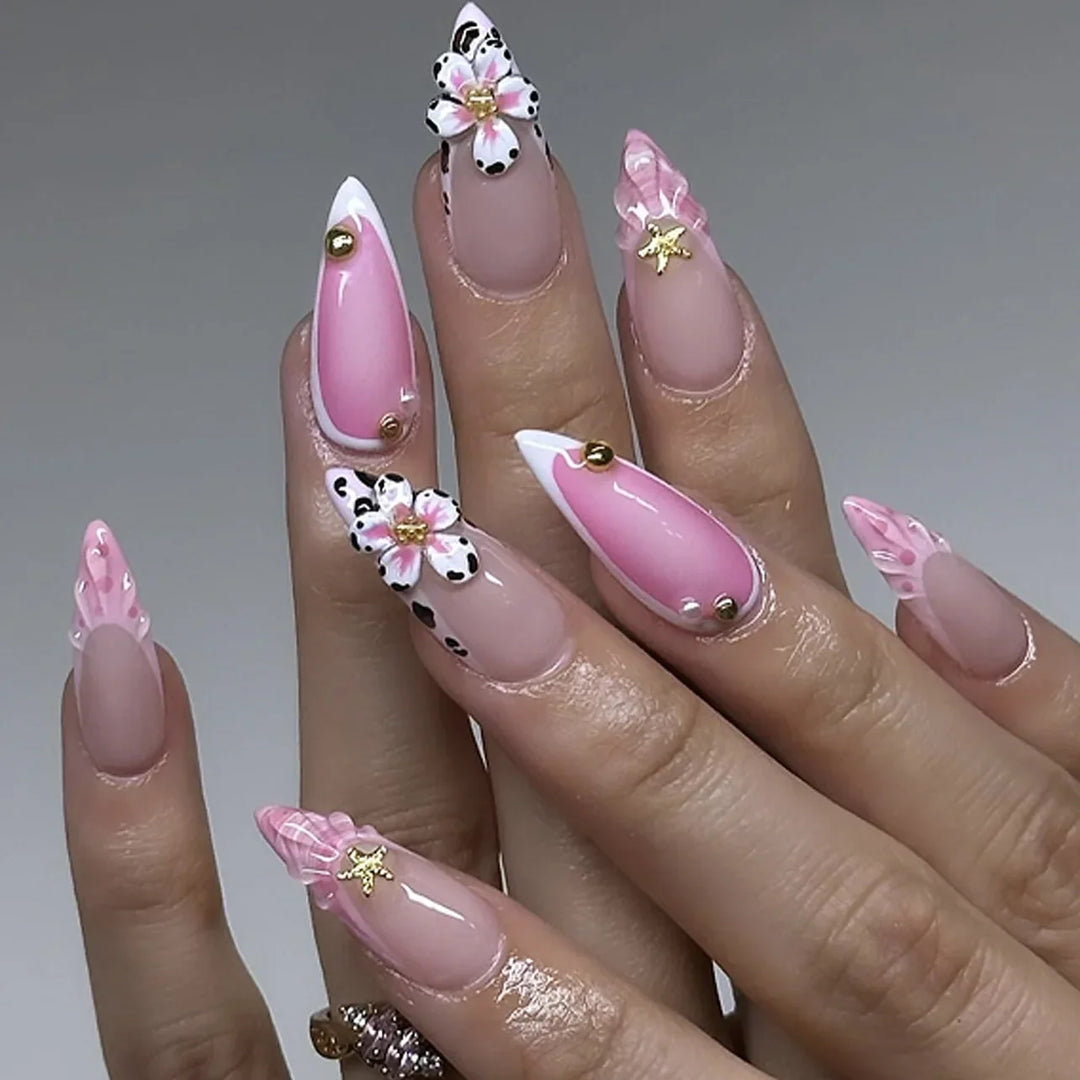 Rynx | 3D Flower Shell Water Drop Ripple Artificial Nails Black White Leopard French Removable Finished Artificial Nails Press on Nail with Glue