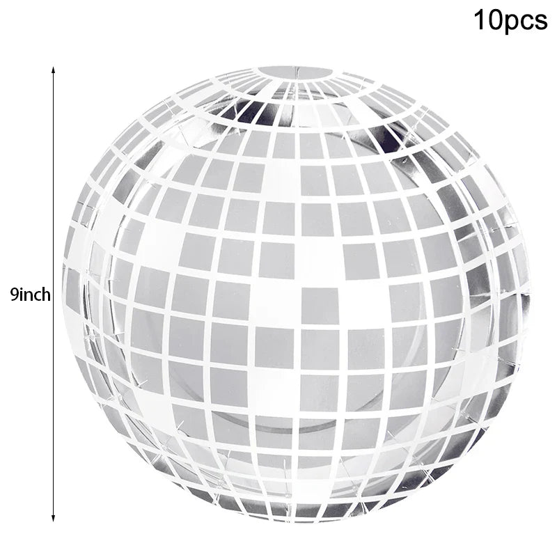 Rynx Disco Theme Party Disposable Tableware Set Silver Disco Ball Plates Napkins Cups 70s Birthday Party Decoration Wedding Supplies