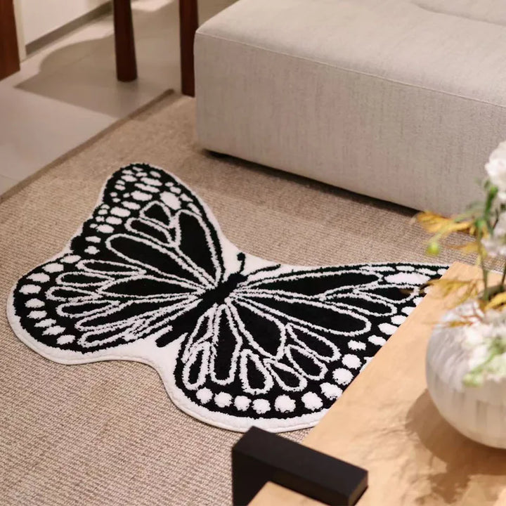 Rynx | Black White Tufting Butterfly Bedroom Rug Living Room Floor Mat Nightstand Mat Aesthetic Home Children's Room Nursery Decor