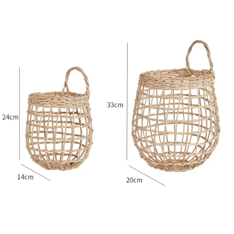 Rynx | Handcrafted Rattan Storage Basket Hanging Organizer with Handle Flower Fruit Vegetable Holder Support Home Kitchen Wall Decoration
