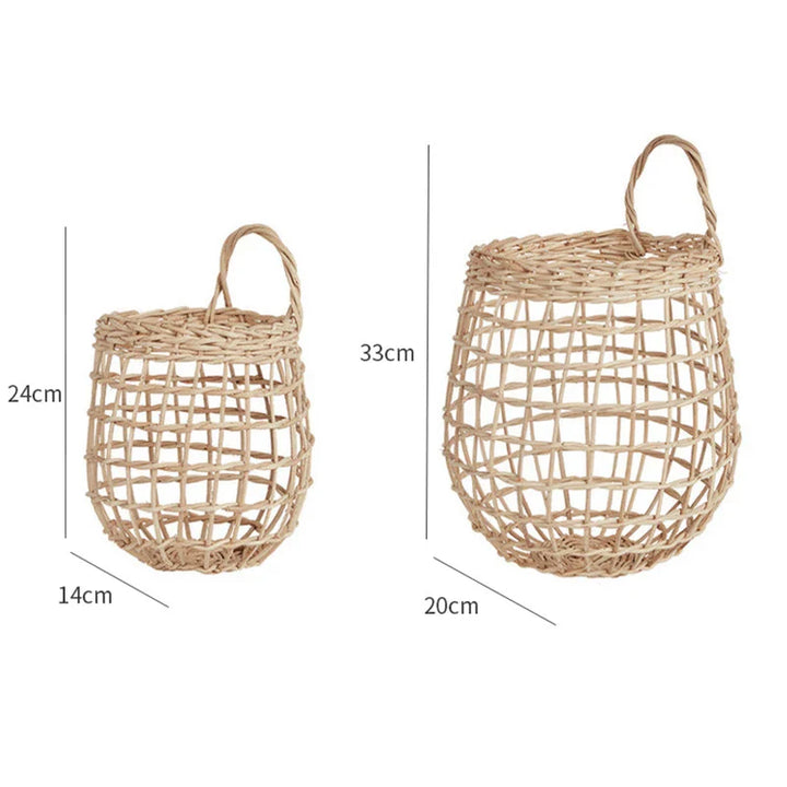 Rynx | Handcrafted Rattan Storage Basket Hanging Organizer with Handle Flower Fruit Vegetable Holder Support Home Kitchen Wall Decoration