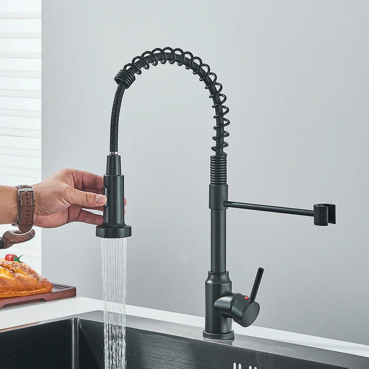Rynx | Matte Black Kitchen Sink Faucet Single Lever Spring Hot and Cold Water Spout Mount Bathroom Chrome Kitchen Tap