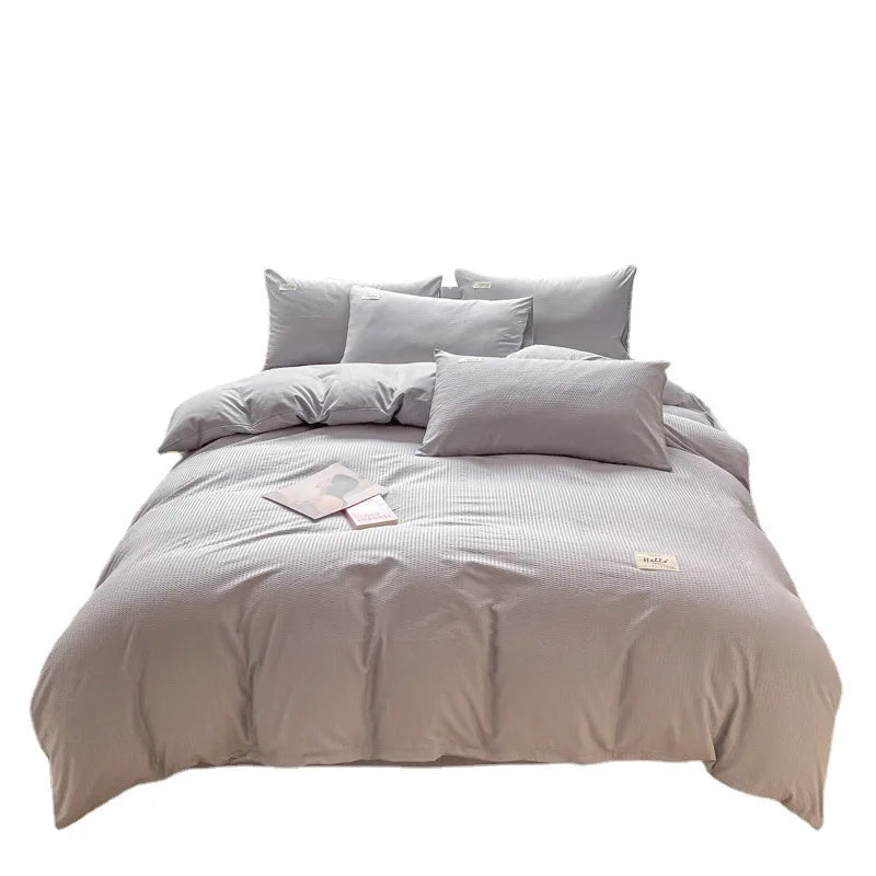 Rynx | Internet Celebrity Waffle Four-piece Set Washed Smooth Bedding Duvet Cover Fitted Sheet Bedding Contrast Color Dormitory Three Pi
