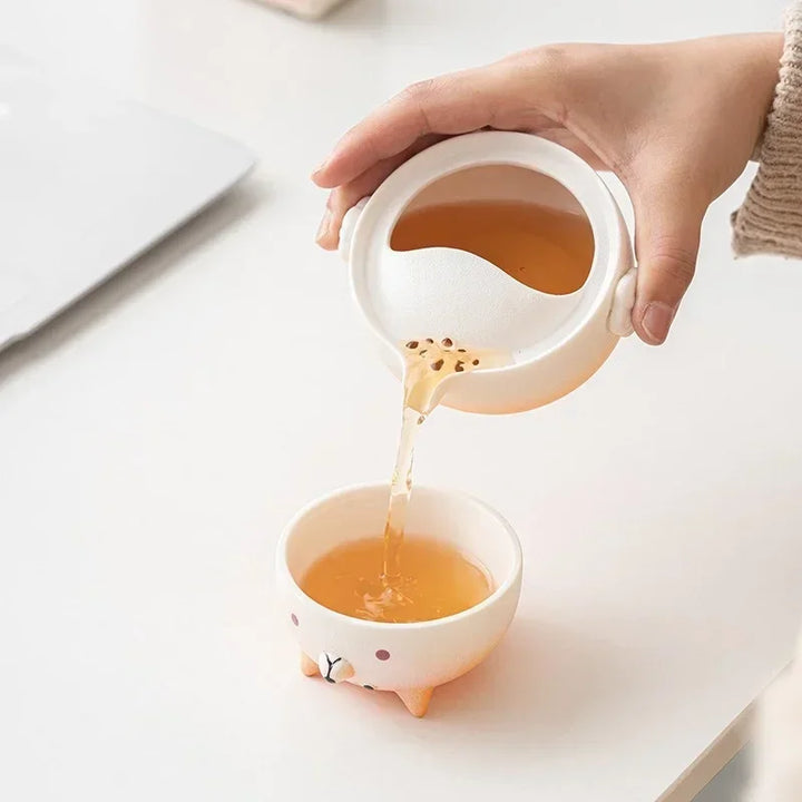 Rynx | Portable Travel Tea Cup Set Ceramic 160ml Camping Tea Set Sweet Dog Teapots Japanese Tea Culture with Storage Bag Travel Supplies