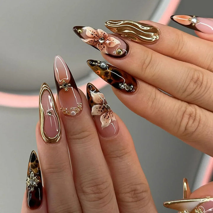 Rynx | 3D Flower Shell Water Drop Ripple Artificial Nails Black White Leopard French Removable Finished Artificial Nails Press on Nail with Glue