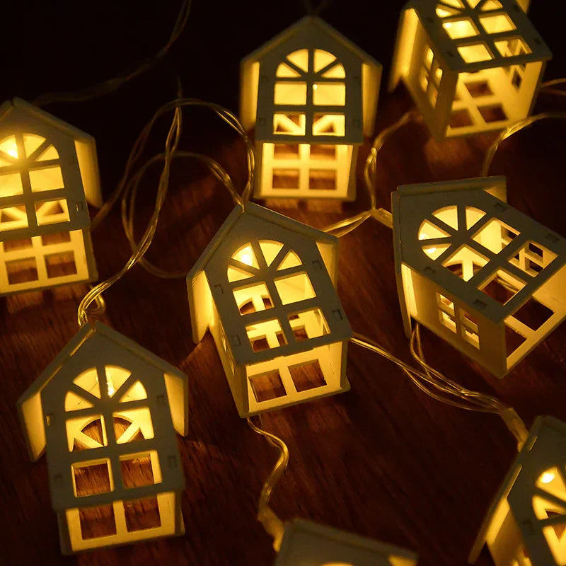 Rynx 2M 10LED Christmas Wooden House LED String Lights 2025 New Year Home Hanging Garland Xmas Tree Ornaments Decorative Lamp