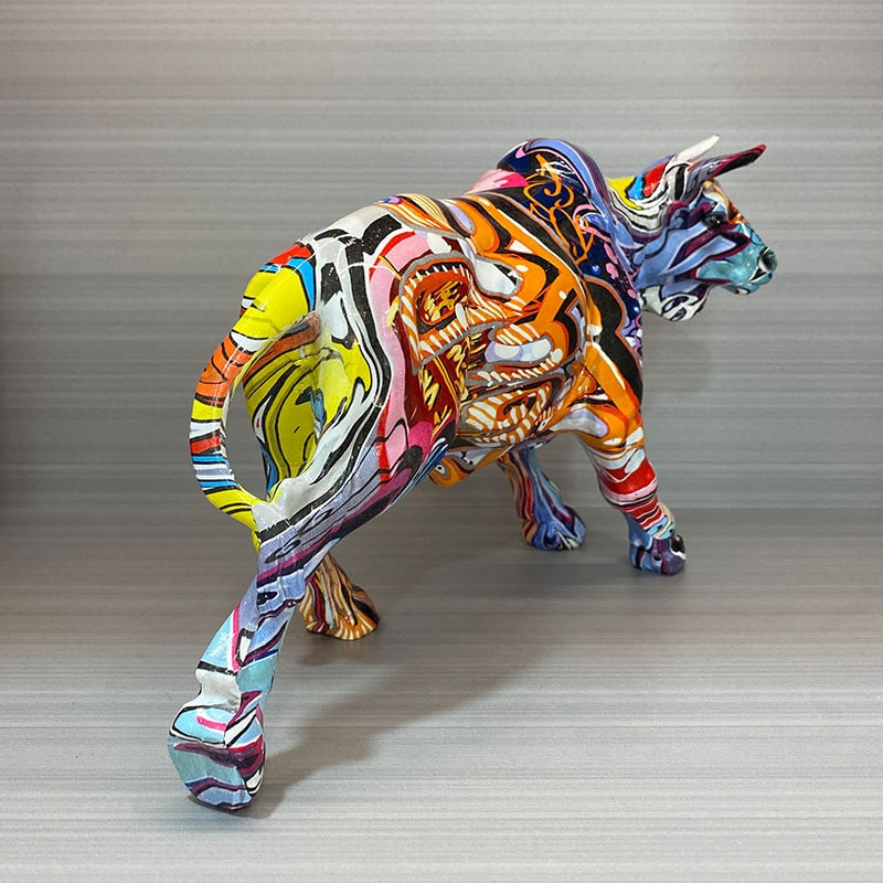 Lisslune | Graffiti-Painting Resin Bull Figures Home Living Room Bedroom Office Desktop Feng Shui Ornaments Collection Statues
