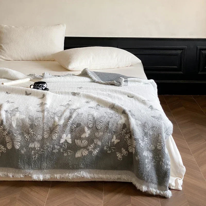 Rynx High-Quality Autumn Winter Warm Throws for Sofa Butterfly Jacquard Artificial Mink Fur Warm Blanket High-Quality Scarf Blanket