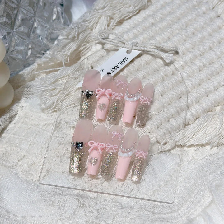 Rynx | 10 Pieces Pink Bow Artificial Nails Glitter Powder Decor Sweet French Stick-on Nails for Women Girls Portable Handmade Korean Artificial Nail Tips