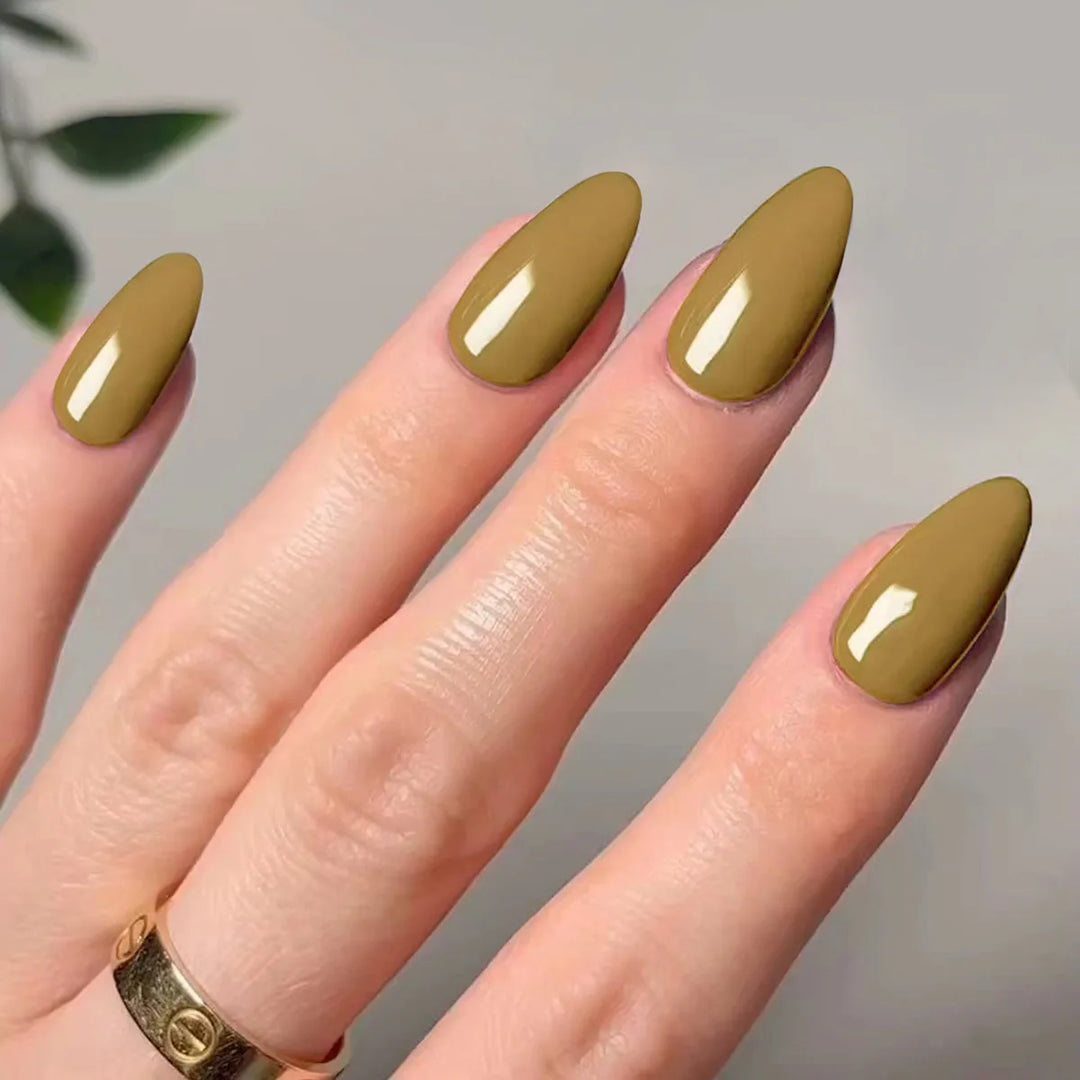 Rynx | Classic Glossy Solid Long Pointed Artificial Nails Brown Green Gray Blue Removable Pre-made Artificial Nails Stick-on Nails with Glue